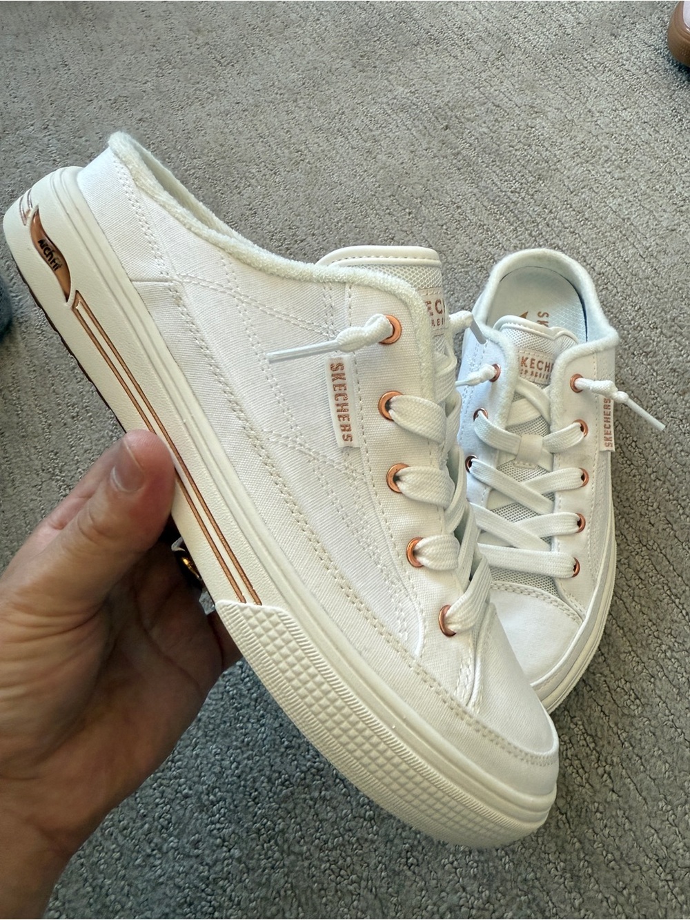 Skechers White Low-Top Sneakers with Rose Gold Accents